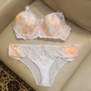 Adore Me White and Peach Paisley Lace Bra & Bikini Set